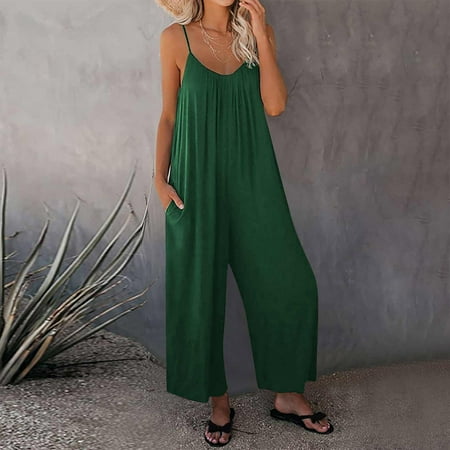 New & Trending  Women s Summer European Solid Pocket Casual Jumpsuit  Sling Bag  Lightweight  Solid Color  Comfortable Fit  Versatile  Daily Wear  Easy to Care | Sopatenor  Green L