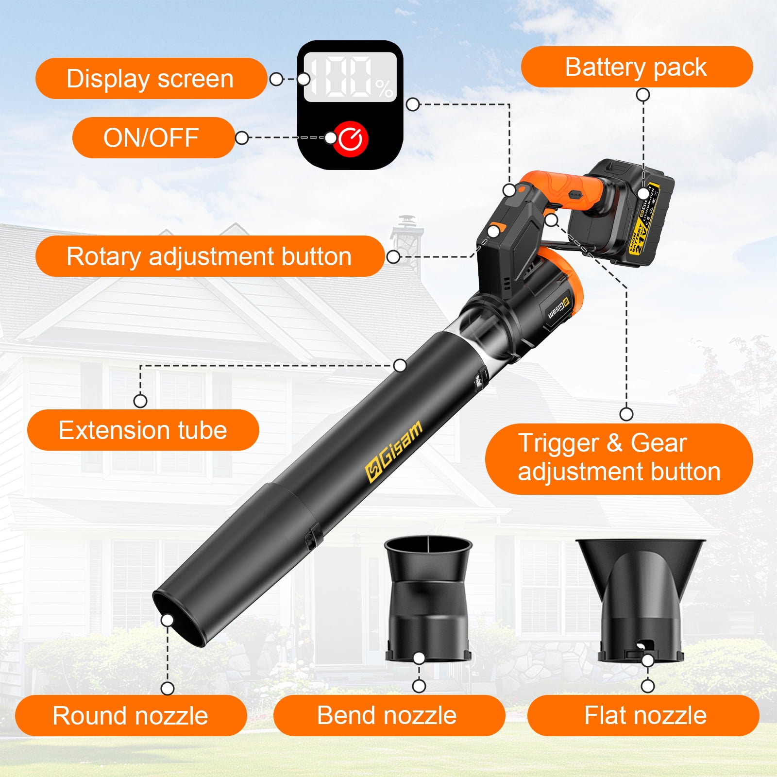 Gisam Rotatable Electric Brushless Cordless Leaf Blower 800000RPM 320CFM Handheld Leaf Blower with 2 X 6.0Ah Batteries for Patio Cleaning, Lawn Care, Blowing Leaves and Dust