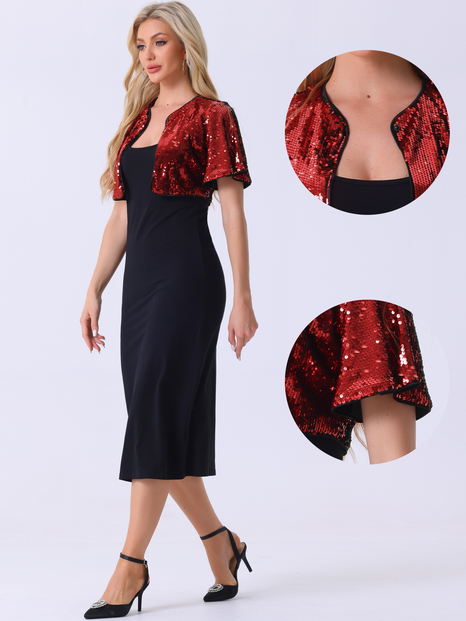 DARING DIVA Flared Sleeve Crop Shrug Bolero Glitter Jackets M Red