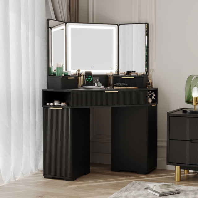 Ourlova Corner Makeup Vanity Desk with LED Mirror and Lights Fluted Design Vanity Table with Drawers Black