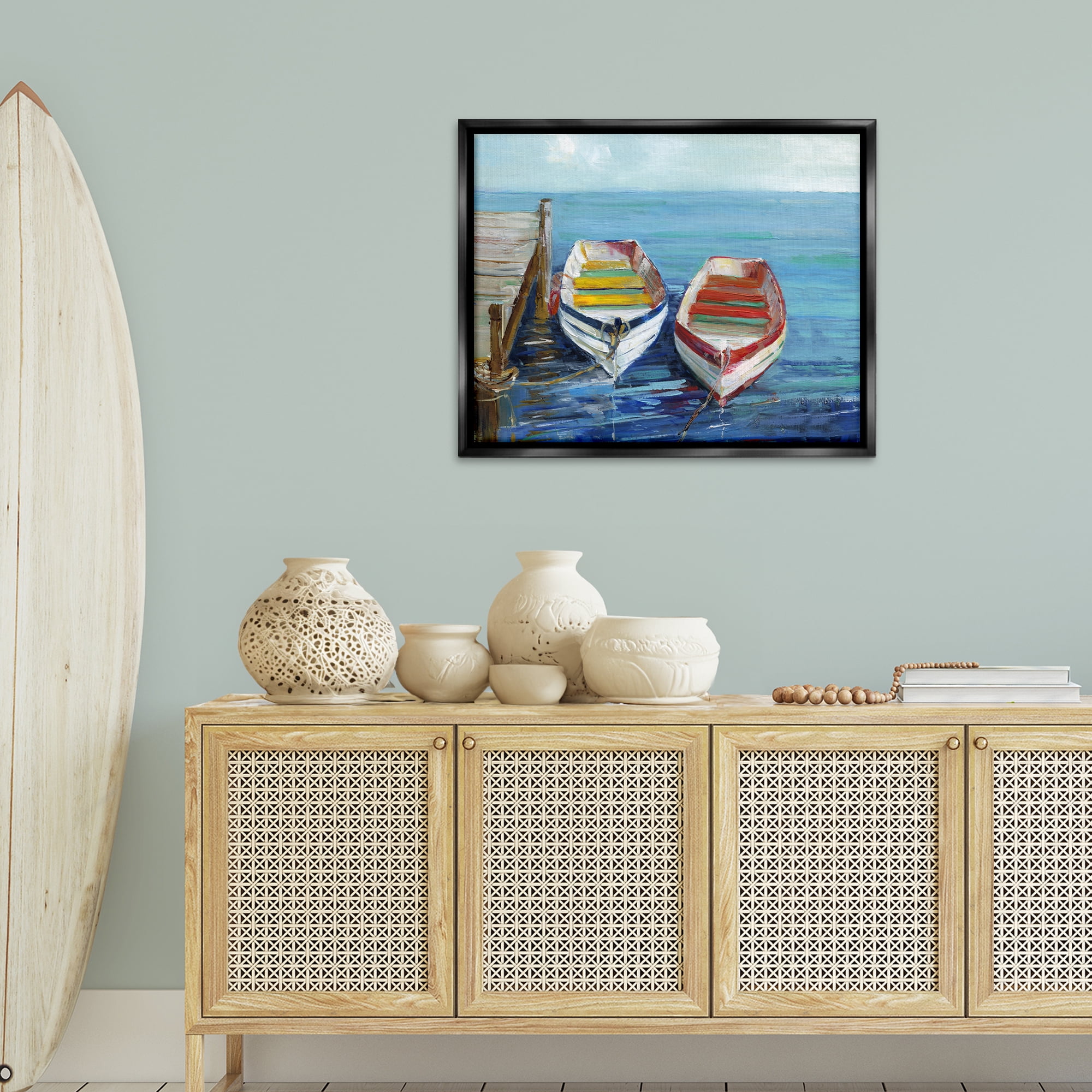 Stupell Industries Twin Boats by Dock Nautical & Beach Painting Black Floater Framed Canvas Art Print Wall Art, 31 x 25