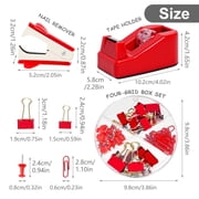 Red Desk Accessories 9 Pcs, Stapler, Staple Remover, Staples, Tape Dispenser, Tape, Clips Set, Scissor, Ruler, Red Office Supplies