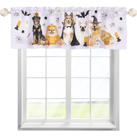 Halloween Dogs Kitchen Valance 54''''x18'''' Dogs Pumpkins Bats Skulls Rod Pocket Window Treatments Drapes Halloween Party Decor Short Curtain for Bedroom Living Room Bathroom Cafe Home Decor 1 Pack