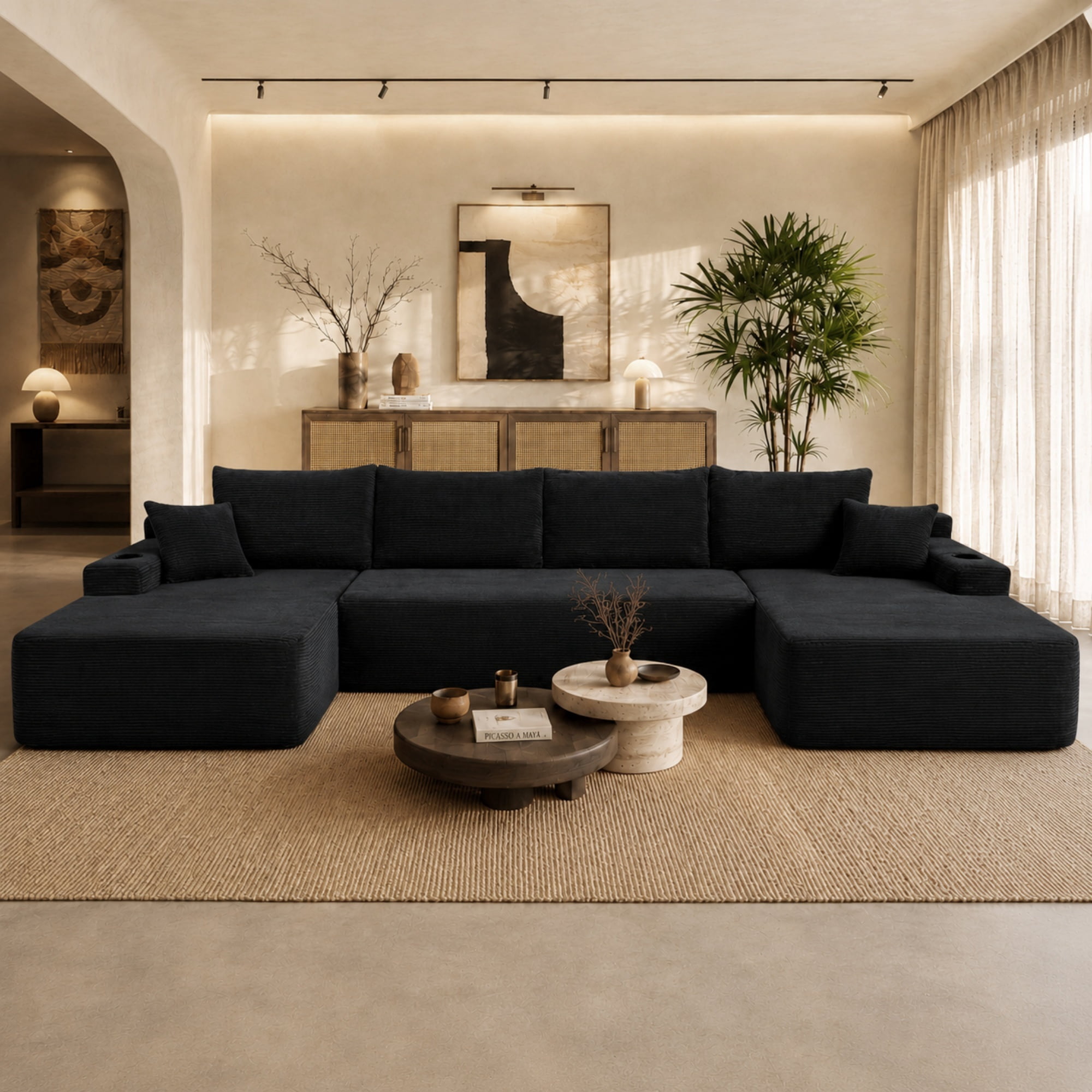 126"W U Shape No-Assembly Sectional Sofa with Chaise, Modular Couch Set with Pockets & Cup Holders, Deep Seat Upholstered Sofa