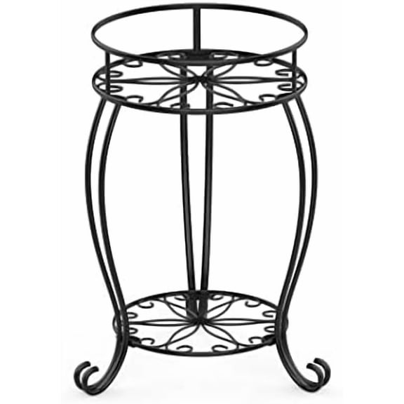 Plant Stand, Heavy Duty Metal Planter Holder Indoor Outdoor, 2 Tier Round Potted Supports Rack, Corner Display Shelf Black