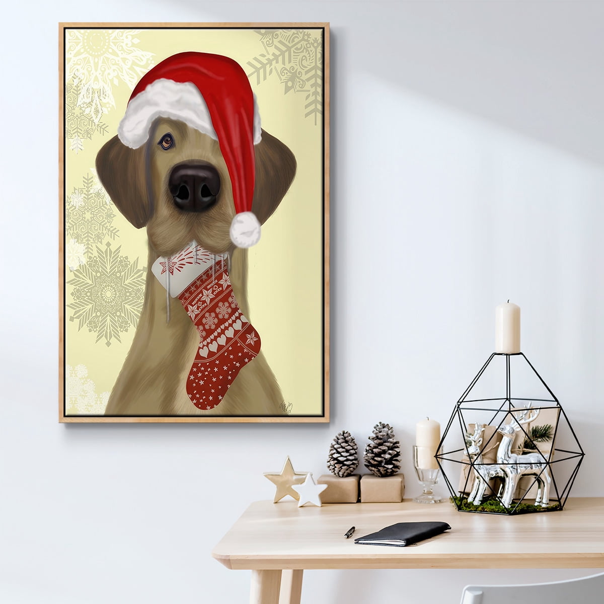 Christmas Drooly Christmas Dane - Framed Gallery Wrapped Holiday Canvas - 27 x 41 - Natural Wood Frame