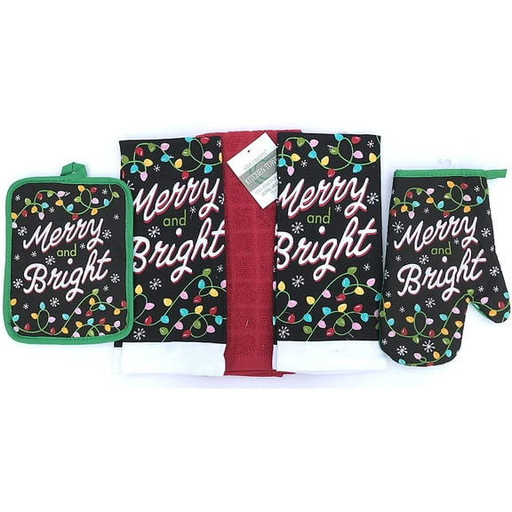 Serafina Home Holiday Christmas Kitchen Towels Pot Holders Set: Festive Colorful Merry and Bright Holiday Lights