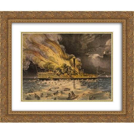 Currier and Ives 2x Matted 24x20 Gold Ornate Framed Art Print 'Awful conflagration of the steam boat Lexington in Long Island Sound on Monday eveg., Jany. 13th