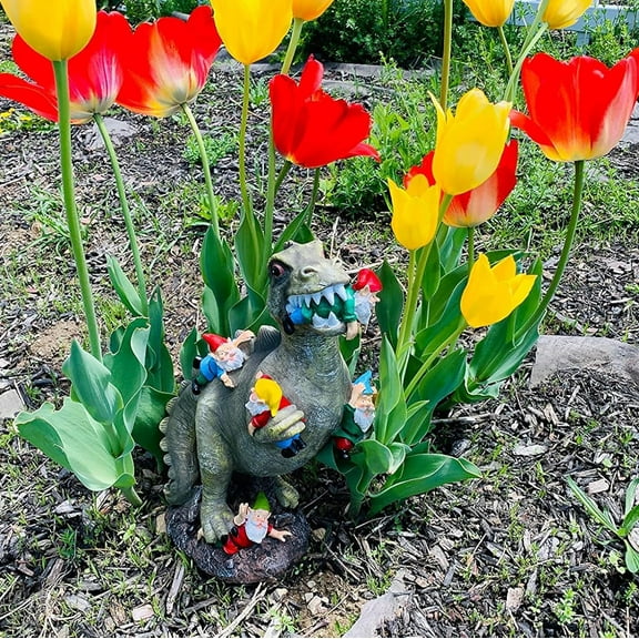 Garden Dinosaur Eating Gnomes Statue Color Grey