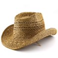 thumbnail image 6 of Hand‑Woven Paper Straw Cowboy Hat Hollow Knit Wide Brim Sun Hat Unisex Outdoor Beach Travel Sun‑Protection Fedora Hat for Men Adults, 6 of 7
