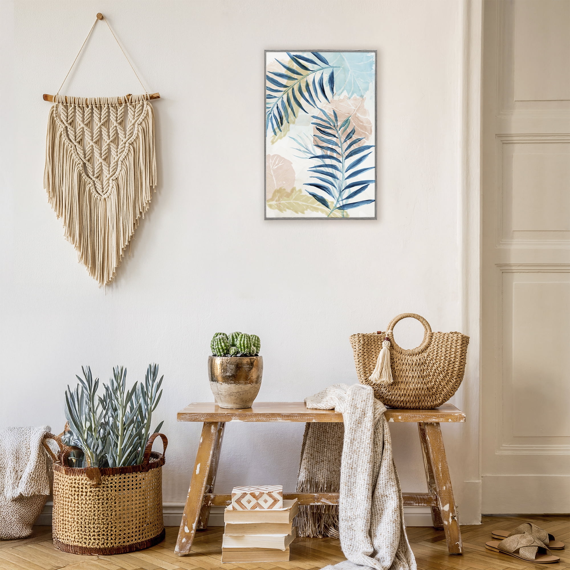 Stupell Industries Blue Palm Fronds in Pastel Haze Gray Framed Giclee Art, design by Nan