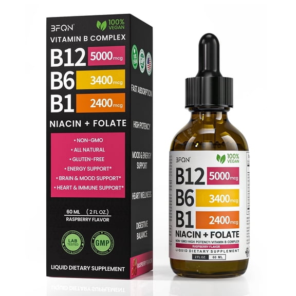 Vitamin B12 Raspberry Liquid Supplement Drops with B6, B1, Niacin & Folate - Edible Support for Energy, Brain & Heart, Non-GMO & Gluten-Free, 4 Fl Oz