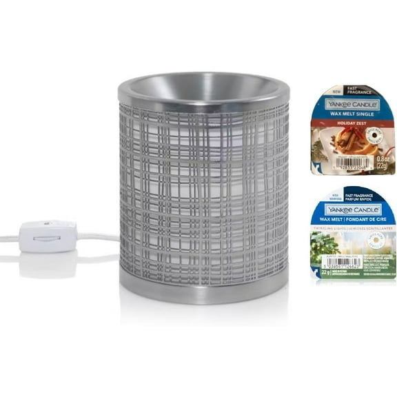 Yankee Candle Crosshatch Silver with LED Electric Tart Melts Warmer/Burner Set with a Holiday Zest and a Twinkling Lights Wax Melts