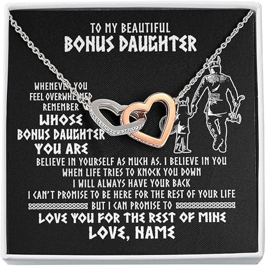 Birthday Gift for Bonus Daughter fom, Bonus Dad, Necklace for Step Daughter from Step Father, Interlocking Heart Necklace with Message Card and Gift Box, Necklace for Unbilogical Daughter