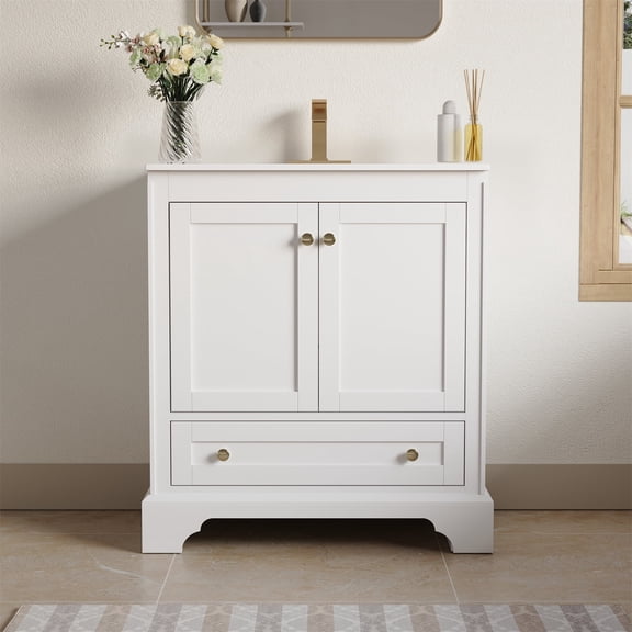 ANGELES HOME30" White Bathroom Vanity with Ceramic Countertop & Sink, Solid Wood Cabinet with 2 Doors 1 Drawer, Soft Close, Brushed Gold Handles