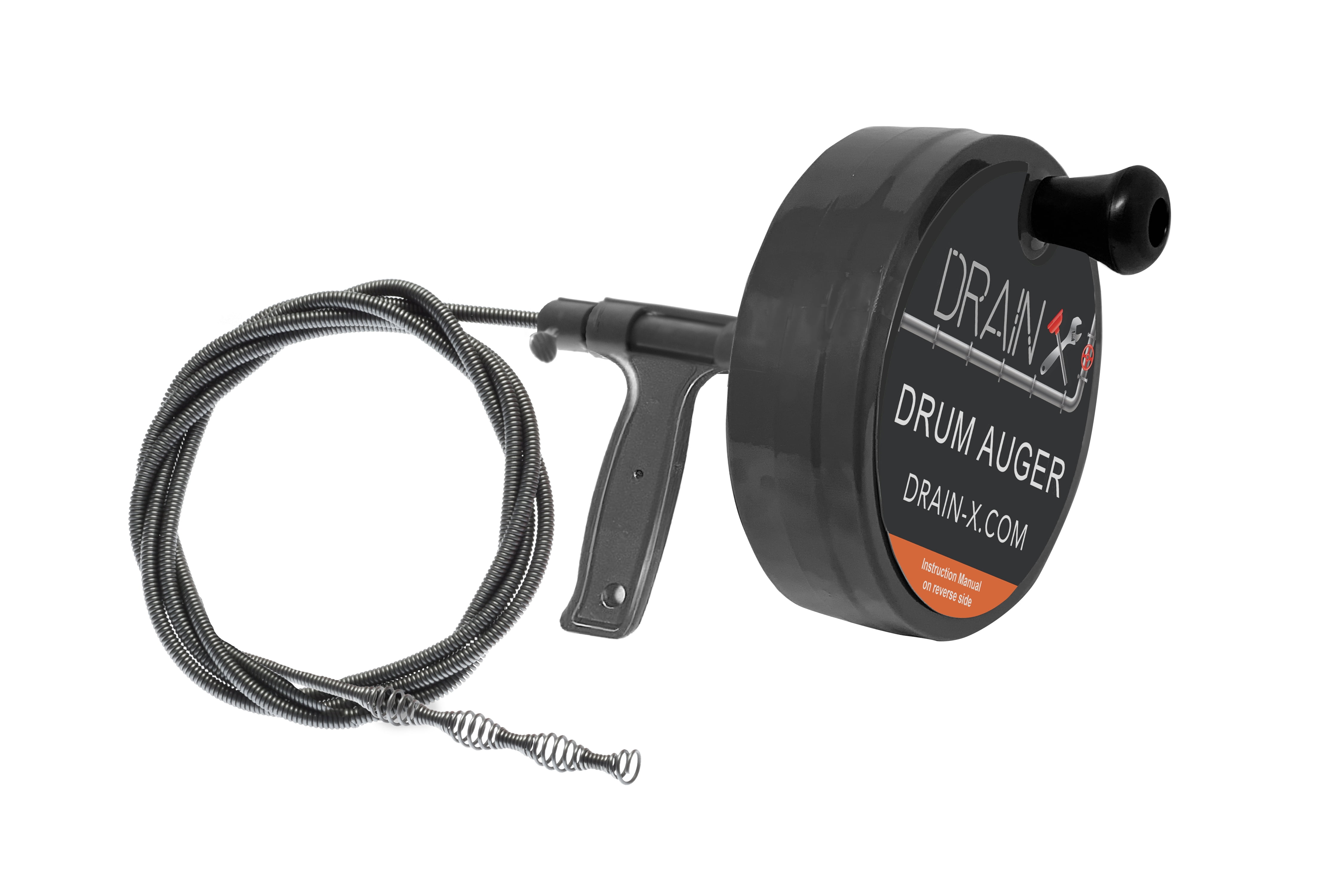 DrainX Pro, 25ft, Black Manual Steel Drain Snake, Heavy Duty Drum, Includes Work Gloves, Storage Bag