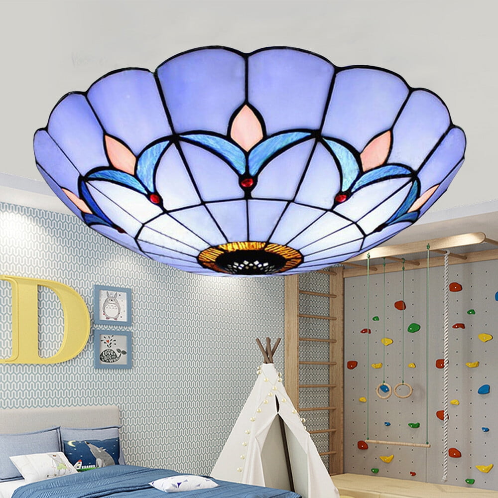 NEW 12" Tiffany Style Stained Glass Flush Mount Ceiling Light Vintage Fixture For Dining Room, Living Room, And Other Places.