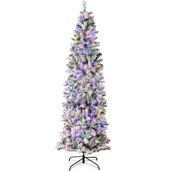 Best Choice Products 6ft Prelit Artificial Snow Flocked Pencil Christmas Tree 350 Multicolored/ Warm-White Light Modes