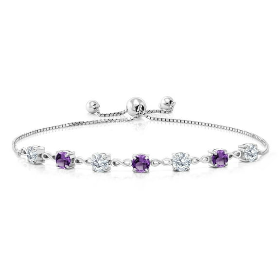 Gem Stone King 925 Sterling Silver Round White Moissanite and Purple Amethyst Tennis Bracelet for Women (2.31 Cttw, Gemstone Birthstone, Round 4.5MM, Fully Adjustable up to 9 inch)
