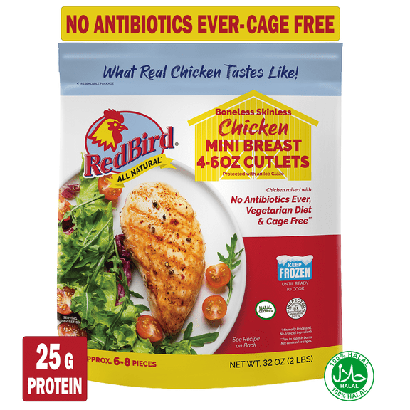 Redbird Farms Boneless Skinless Chicken Breast Cutlets, 2lb (Frozen), No Antibiotics, Halal Certified