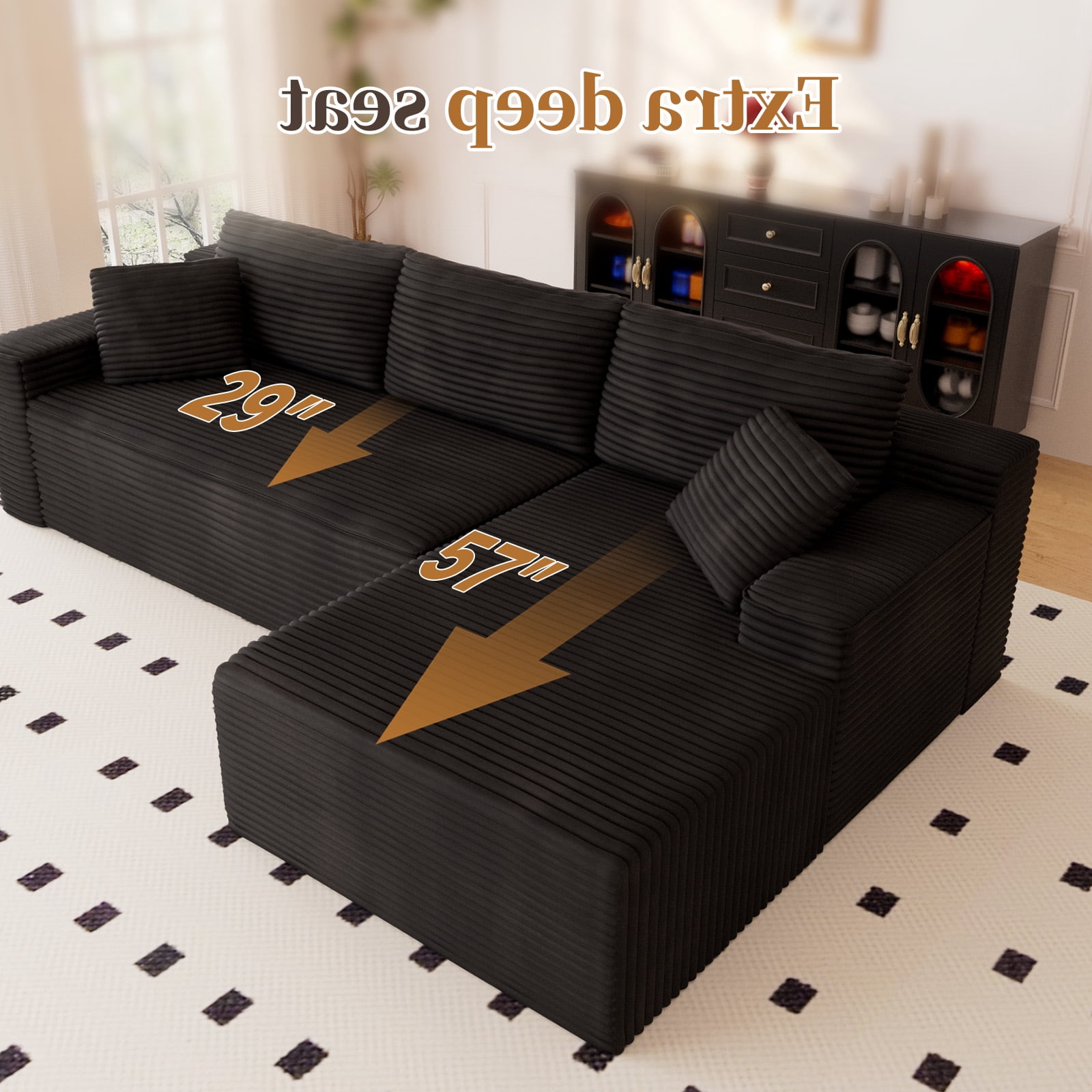 Lunale 105" Modular L-Shaped Sectional Sofa, Boneless Cloud Couch, No Assembly Required, Modern Deep Seat Corduroy Sofa for Living Room, Black (Right Facing Chaise)
