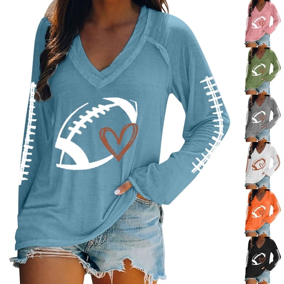 BODOAO Womens Game Day Shirt V Neck Long Sleeve Football Heart Graphic Raglan Tee Casual Relaxed Fit Sports Fan Top with Lace Up Sleeve for Tailgate Party Fall Light Blue 5XL