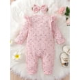 thumbnail image 3 of Newborn Girl Romper Outfits Long Sleeve Floral Printed Ruffles Decor O-Neck Overalls + Bow-Knot Headband Set, 3 of 9