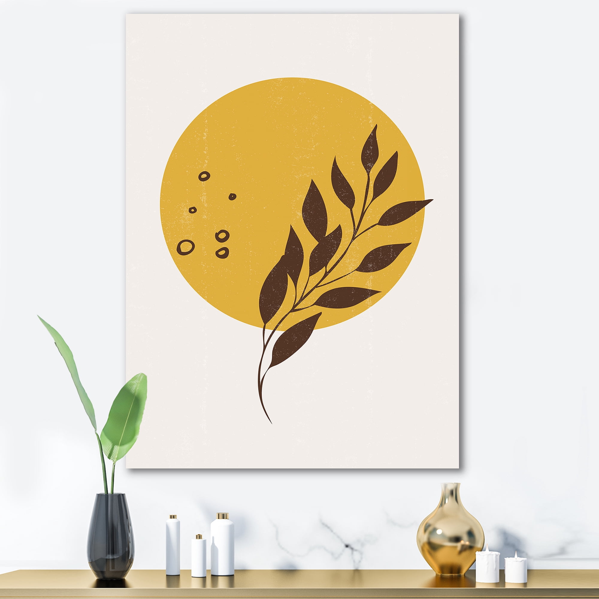 Designart ' Abstract Moon and Yellow Sun With Tropical Leaf II ' Modern Canvas Wall Art Print