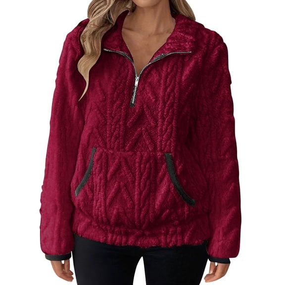 Women's Sherpa Fuzzy Fleece Pullover Sweatshirt Quarter Zip Lapel Winter Warm Cozy Sweaters with Kangaroo Pockets