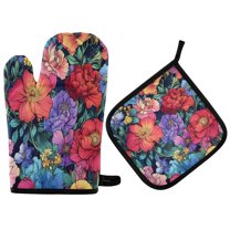 Yayeee Oven Mitts and Pot Holder Set of 4 Heat Resistant Kitchen Gloves Baking Hot Pad, Serene Floral Pattern