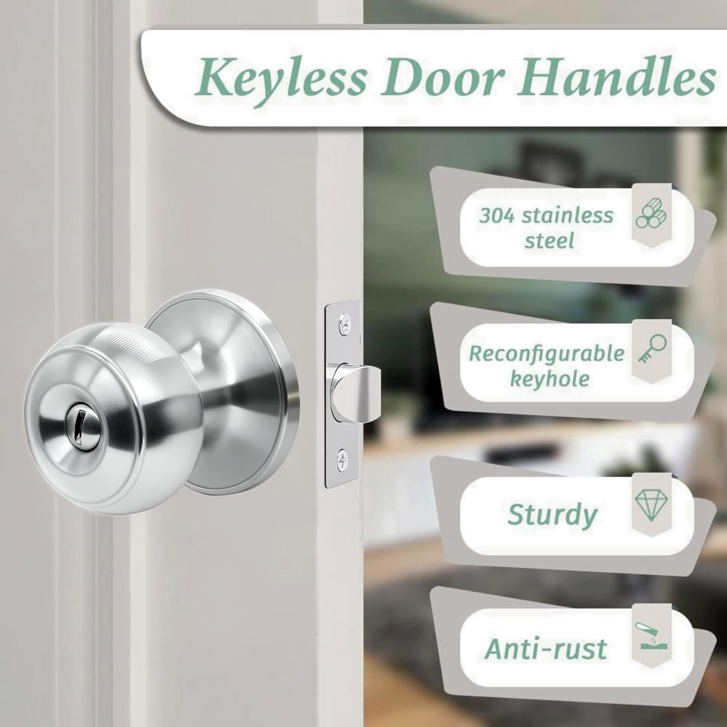 Privacy Door Knobs,10 Pack Brushed Nickel Round Keyless Doorknobs Interior Door Knobs for Bedroom/Bathroom, Privacy Function