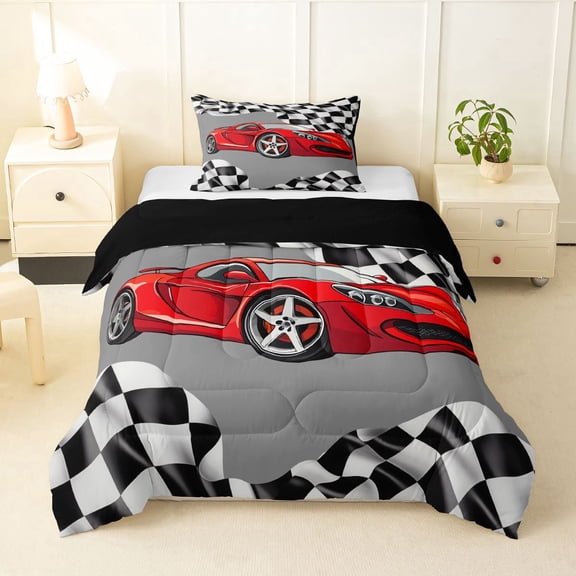 Manfei Red Sports Cars Twin Comforter Sets,Classic Racing Print Bedding Set,Black Reversible,2pcs,1 Comforter and 1 Pillowcase