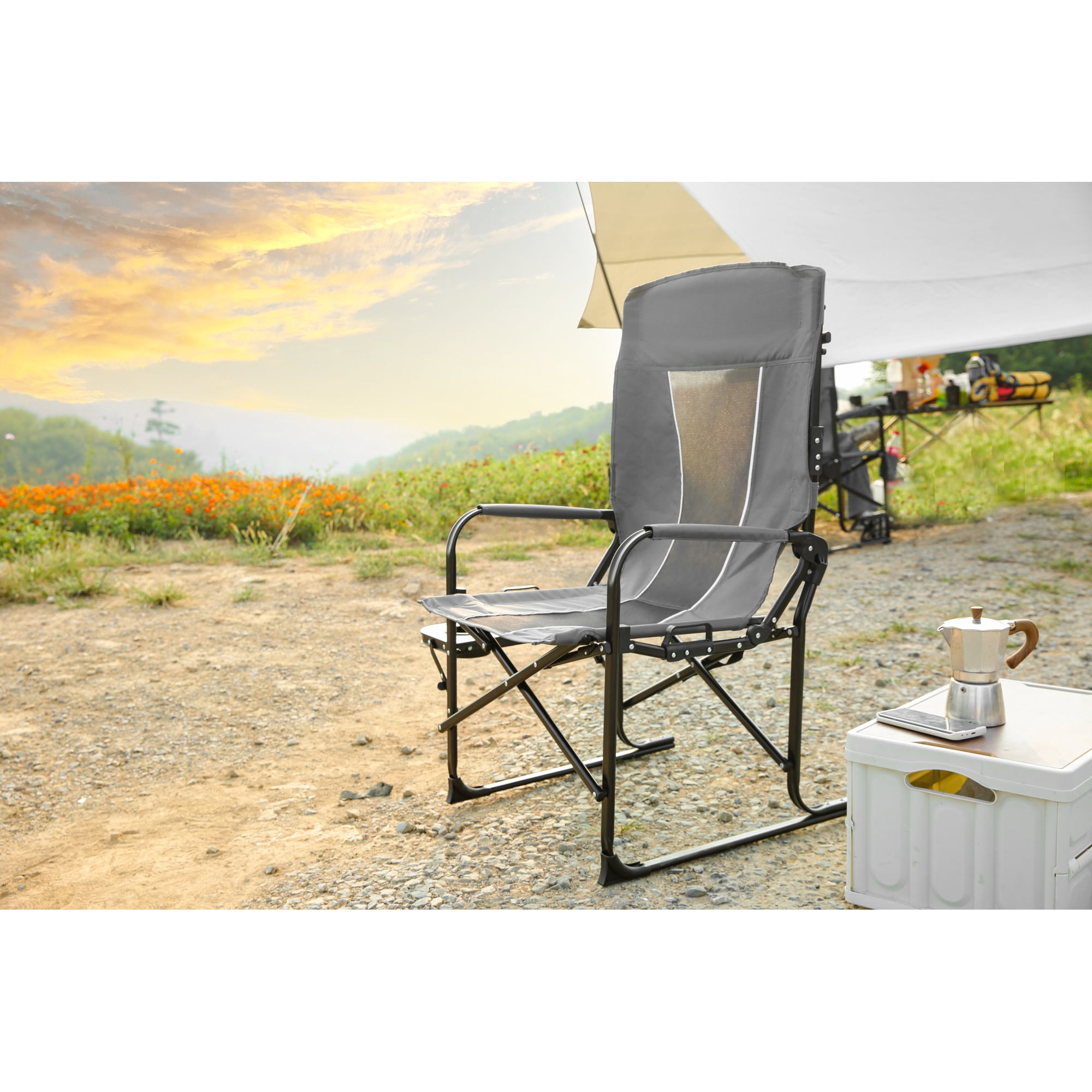 Leumius Camping Directors Chair,Oversized Heavy Duty Portable Folding Camping Chair with Side Table, Pocket for Beach,Fishing,Trip,Picnic,Lawn,Gray