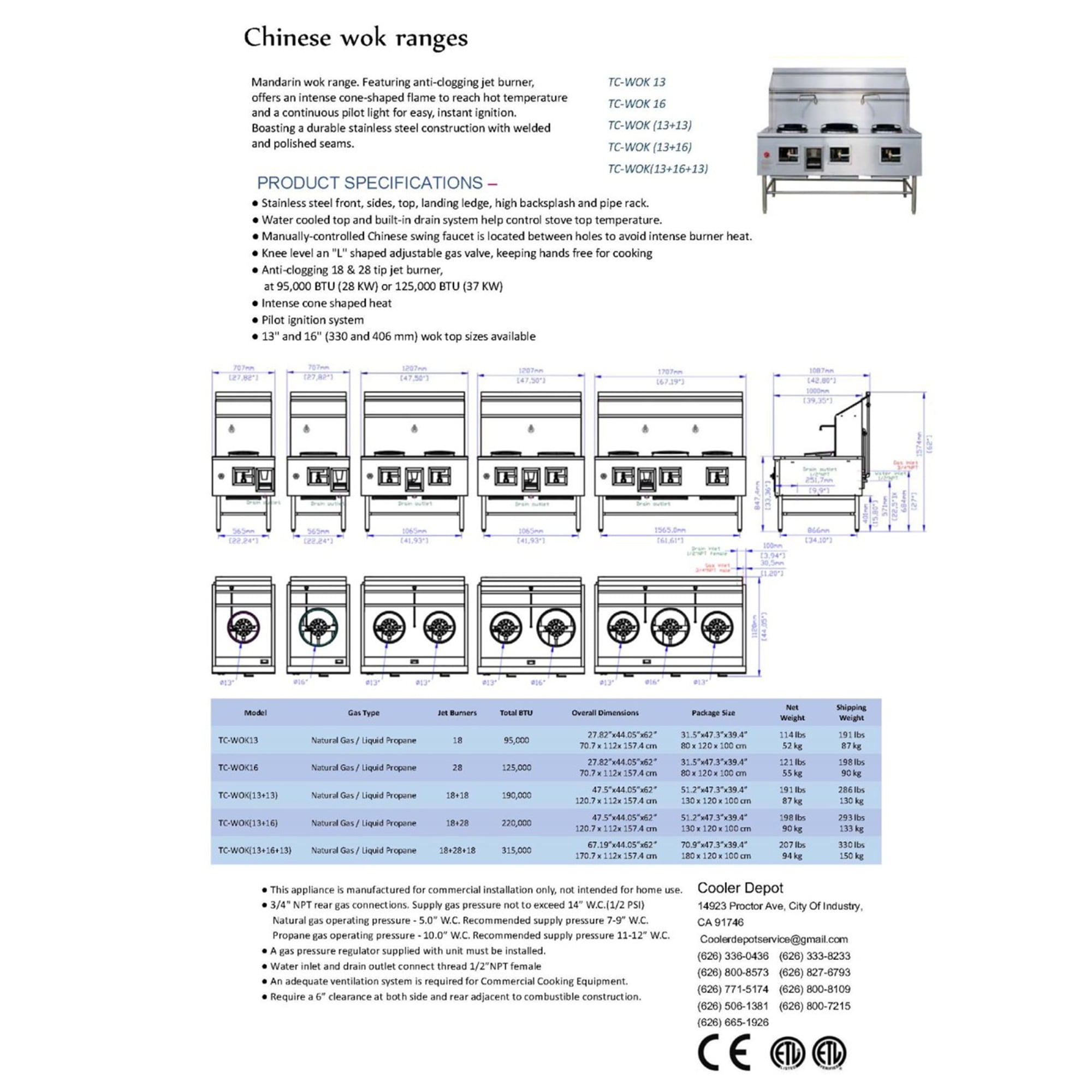 NSF 28" Commercial Wok Range with 16" Single Wok Hole & Waterfall Cooling | Natural Gas | 125,000 BTU Jet Burner