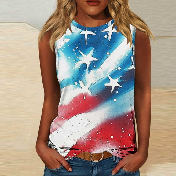 Womens Tops Plus Size Independence Day Sleeveless Round Neck Casual T-shirt Multicolor XXXL