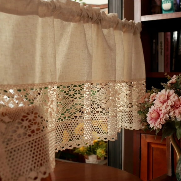 Rustic Crochet Short Curtain Cotton Linen Splicing Hollow Vintage Half Curtain for Kitchen Door Decor Cafe Window Drapery