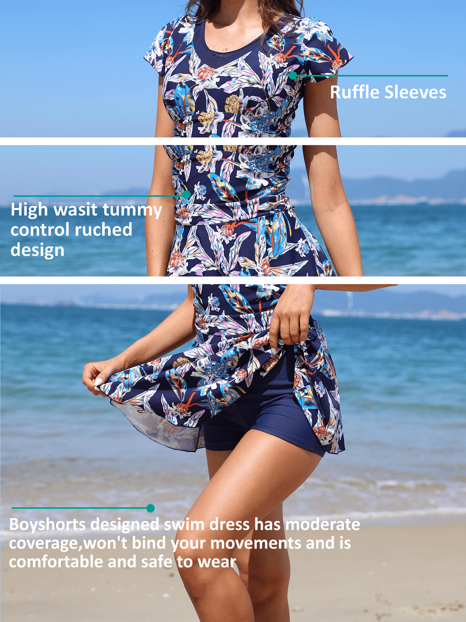 BIMEI One Piece Mastectomy Swim Dress For Women Tummy Control Swimwear Pocketed Swimsuit Floral Sleeve Bathing Suit Skirt 008,Blue,L