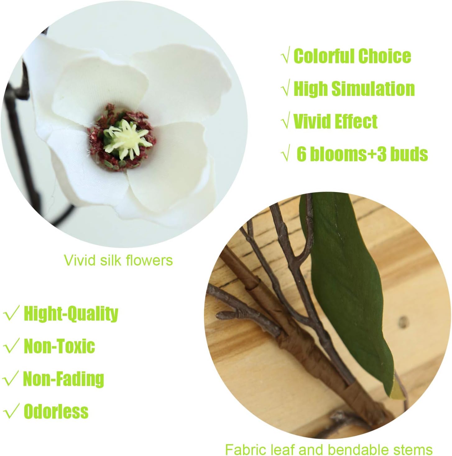 Artificial Flower 6pcs 30'' Long Stem Silk Magnolia Flower with 7 Blossoms and 2 Buds for Home Décor Housewarming Gift Wedding Bridal Bouquet Centerpiece Reception Hotel Restaurant(White)