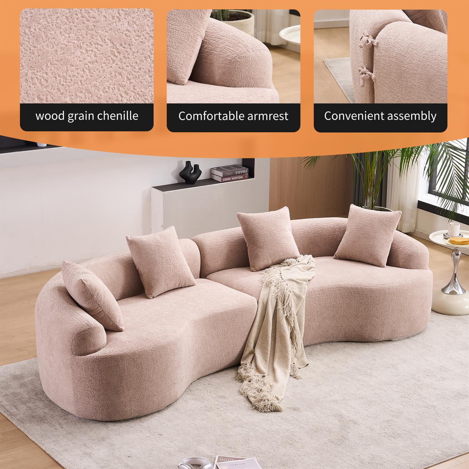 Demi Bonn 110"L Modular Sectional Sofa with Full Compression Sponge, Curved Design, High-Density Chenille Sleeper Couch for Living Room, 800 lbs Capacity, Pink