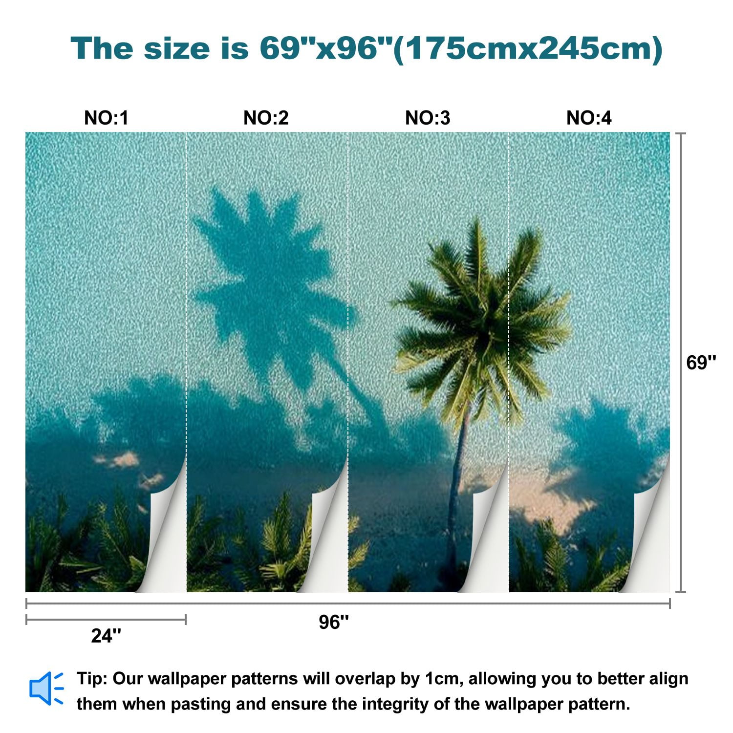 Peel and Stick Wallpaper Summer palm tree Tropical beach waves coconut palm shadow blue Modern Art Wall Mural Decor Self Adhesive and Removable 69in x 98in