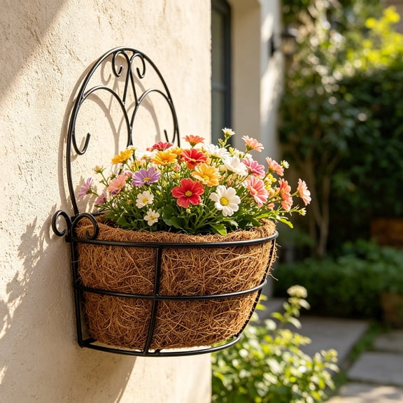 Fmxomd 7.87 Inch Wall Hanging Planters - 1 Pack, Wall Mounted Flower Basket with Coco Liner, Antique Black Metal Herb Pot Holder Outdoor Plants Fence Rail Railing Deck Porch Balcony