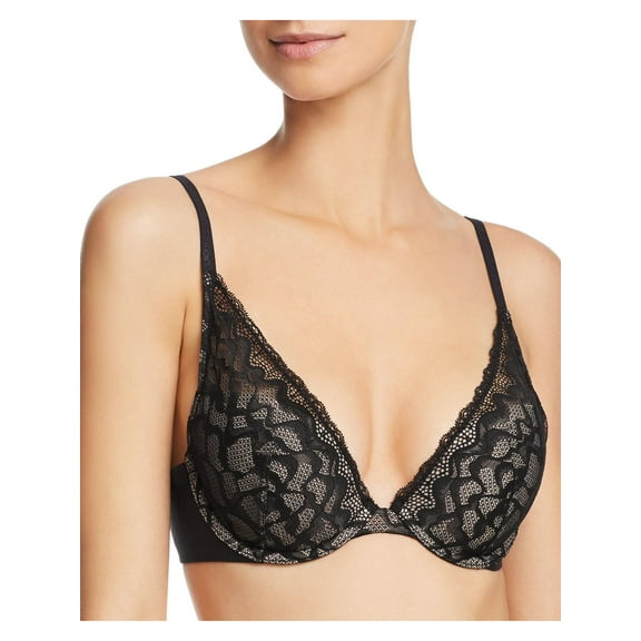 Calvin Klein Women's Perfectly Fit Etched Lace Lightly Lined Plunge Bra, Black 34C