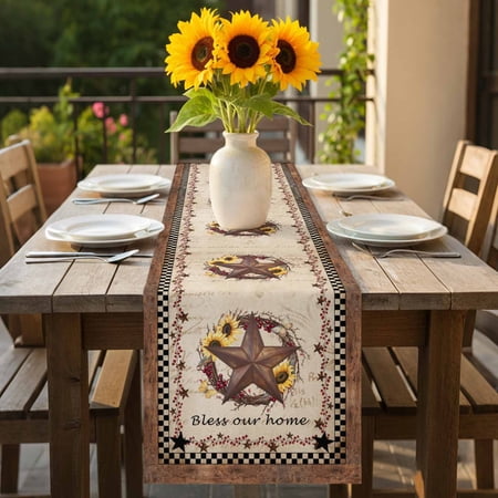 Vintage Farmhouse Country Star Table Runner-70 Inch Long Retro Brown Stars Sunflower Table Runners Linen Burlap Tablerunner for Kitchen Dining Room Holiday Party