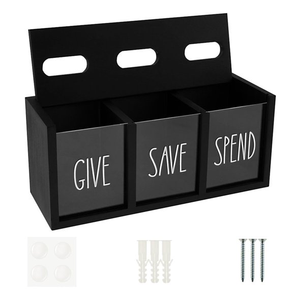 HLONK Wooden Give Save Spend Money Saving Box for Kids Wall-Mount Piggy Bank for Bedroom Living Room