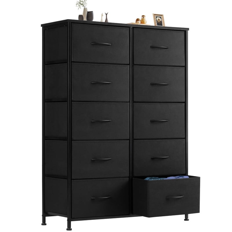 Kelno 10 Drawer Fabric Dresser Storage Tower Chest Organizer with Wood Top Steel Frame, Black