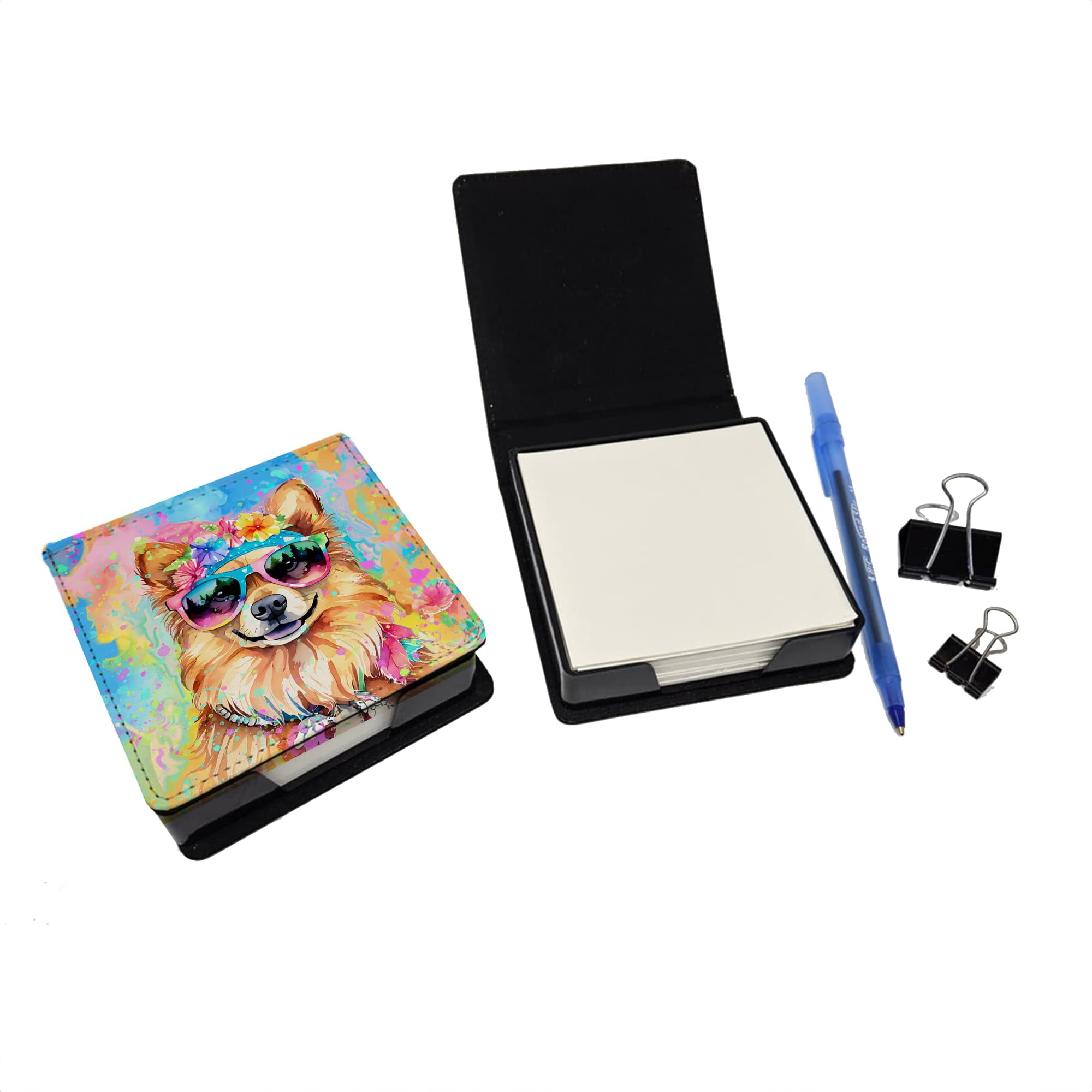 Caroline's Treasures Pomeranian Hippie Dawg PU Leather Note Paper Holder with Artist-Designed Cover, Desk Accessory, Office Gift