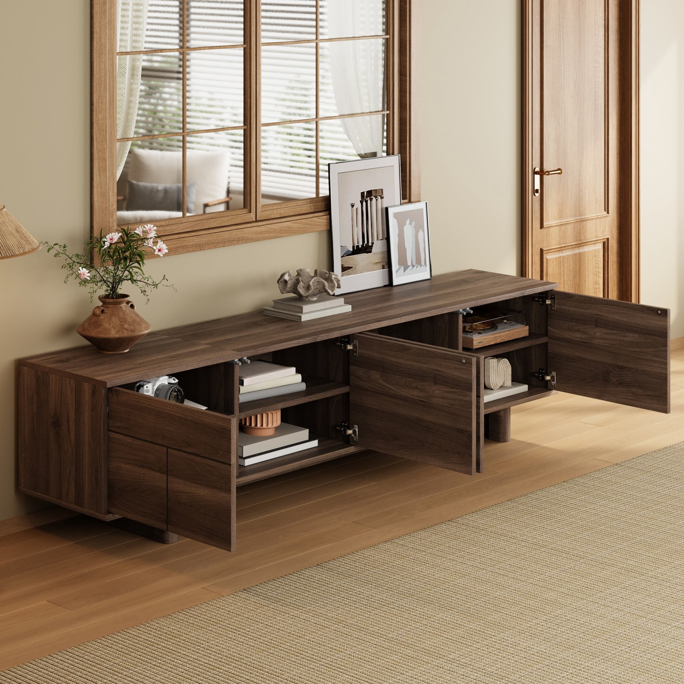 Noble House Modern TV Stand for TVs up to 85" with Push-Open Storage, Adjustable Shelves, Dark Brown