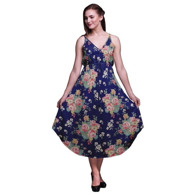 Bimba Floral Ladies Printed Resort Midi Drawstring Dress Spaghetti Strap Beach Wear-XX-Large