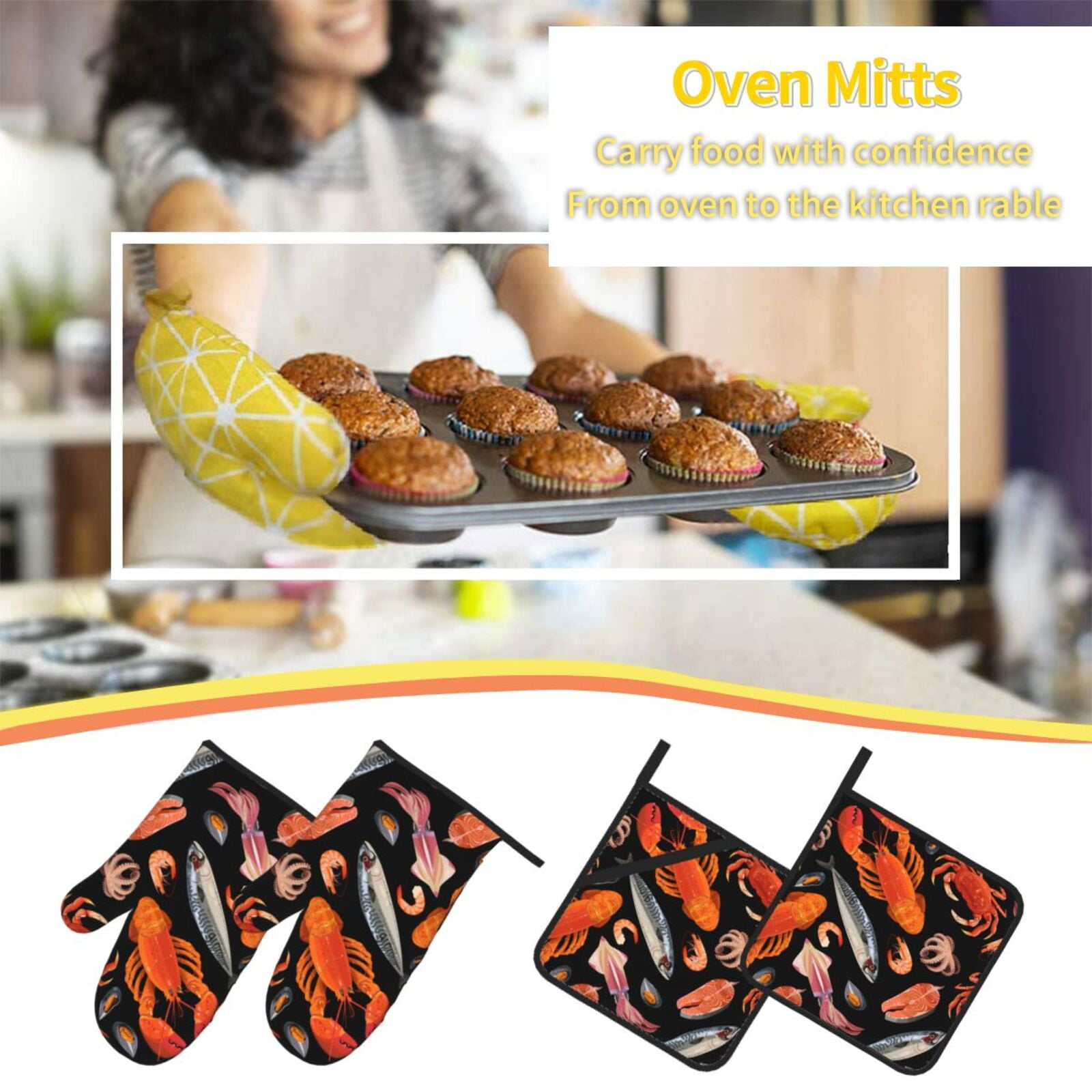 Seafood Pattern Crayfish Crab Shrimp 4Pcs Oven Mitts and Pot Holders Sets Oven Kitchen Gloves Hot Pads for Cooking BBQ Baking Grilling