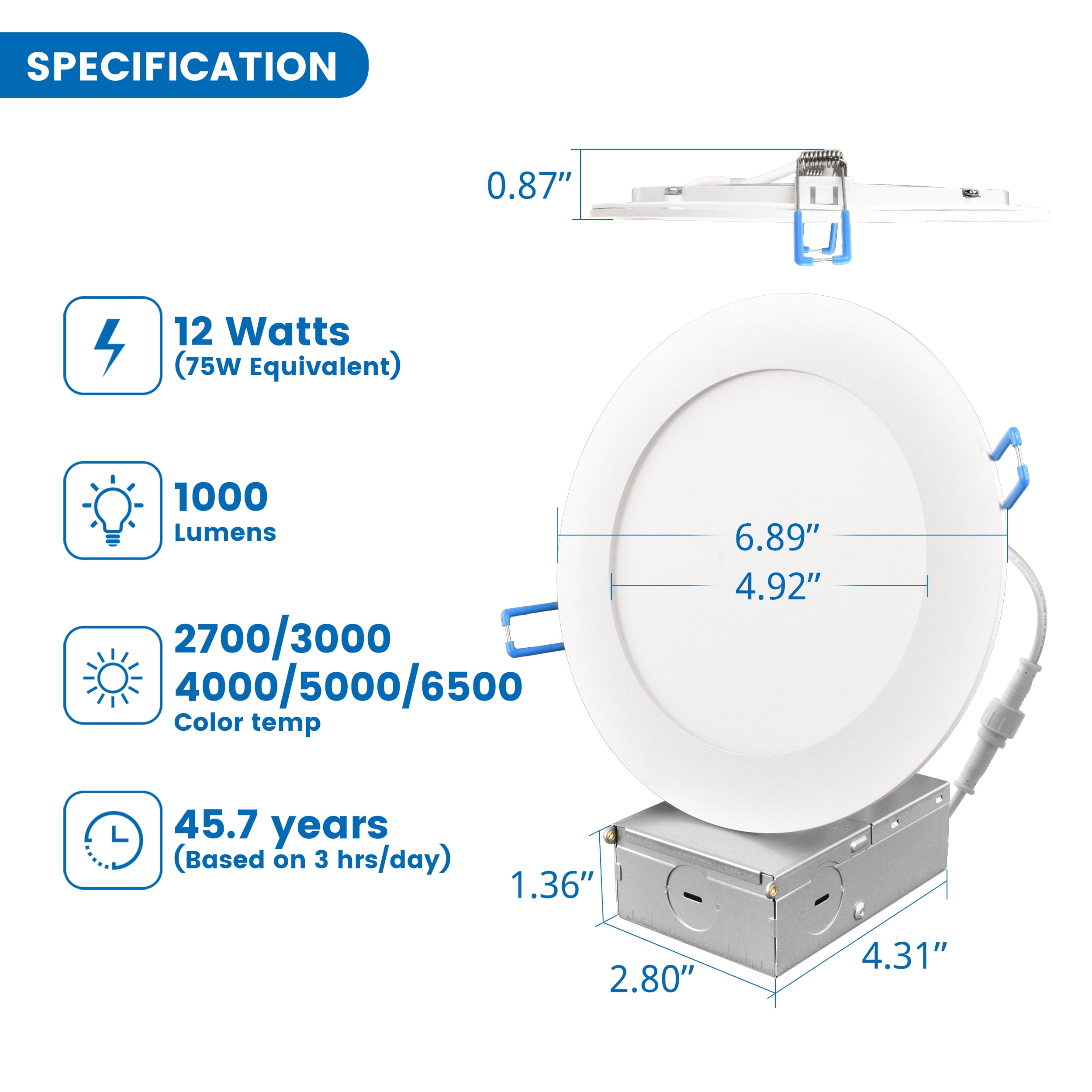 Great Value 6" LED Canless Downlight, 12-Watt (75W Replacement) CCT Selectable with J Box